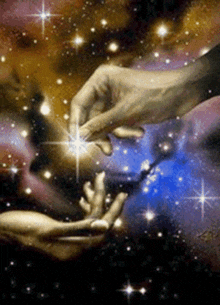 a painting of two hands reaching out towards each other with stars in the background