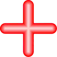 a red plus sign with a white outline on a white background