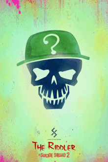 a poster for suicide squad 2 shows a skull wearing a green hat