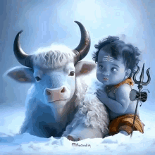 a baby with a trident is sitting next to a white cow