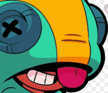 a close up of a cartoon character with a cross on his eyes