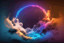 a rainbow colored circle is surrounded by clouds in the sky .