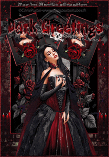 a woman in a black and red dress is on a dark greetings poster