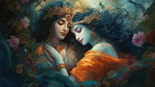 a painting of a couple of deities , krishna and radha , laying next to each other .