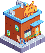 a pixel art drawing of a brick building with a blue roof and a sign on the sidewalk .