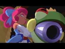 a cartoon girl with pink hair is holding a giant green object .