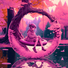 a girl is sitting on a pink swing in a tree