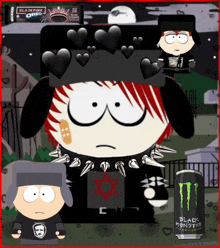 a cartoon character wearing a black hat and a black monster energy drink