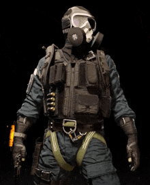 a man wearing a gas mask and goggles holds a gun and gloves