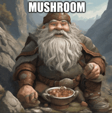 a painting of a bearded man eating mushrooms with the caption mushroom