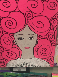 a painting of a woman with pink hair and swirls