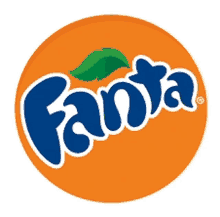 a blue and orange fanta logo with a green leaf on it