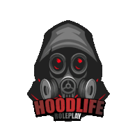 a logo for hoodlife roleplay has a gas mask on it