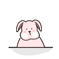 a cartoon illustration of a pink bunny rabbit peeking out from behind a table .