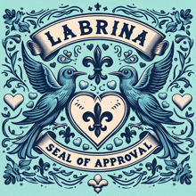 a labrina seal of approval with two birds in a heart