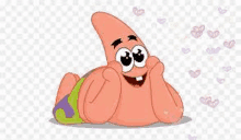 patrick star from spongebob squarepants is laying on his stomach with his hands on his face .