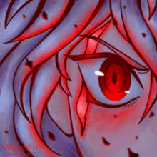 a close up of a person 's red eye with a purple background .