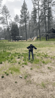 a person in a black jacket is standing in a field