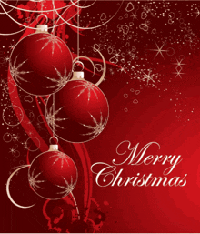 a merry christmas greeting card with red christmas balls