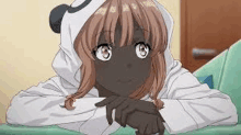 a black anime girl is wearing a panda hat and a white jacket .