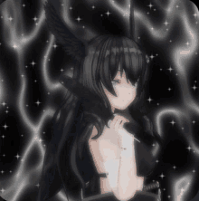 a girl with black hair and wings is standing in front of a black background with stars