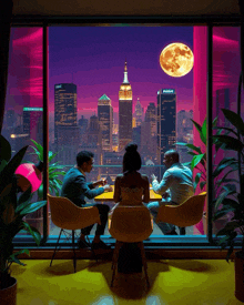 a man and a woman sit at a table in front of a window with a full moon in the sky above them