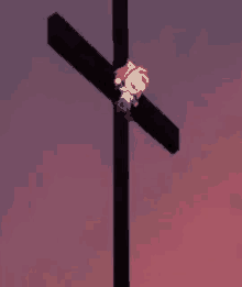 a cartoon character is on a cross with a purple sky in the background