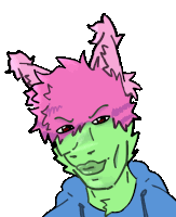 a drawing of a person with green and pink hair and red eyes