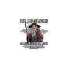 a sticker of a wizard with the words " i will never elaborate because i have no idea what i just said " on it