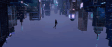 a person is flying through a futuristic city with buildings that are upside down