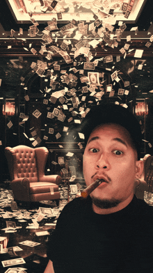 a man smoking a cigar in a room with money falling from the ceiling and a chair