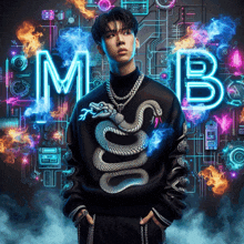 a man in a black sweater with a snake on it is standing in front of a neon sign that says mb