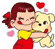 a cartoon girl is hugging a dog with hearts around her .