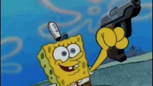 spongebob squarepants is holding a gun in his hand and pointing at it .