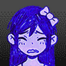 a girl with blue hair and a bow on her head is crying .