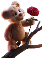 a teddy bear holding a red rose on a branch