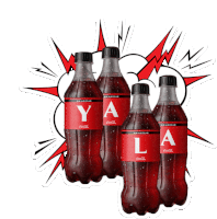 four bottles of coca cola with the letters ya and la on their labels