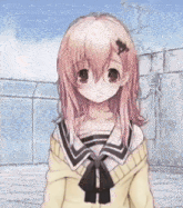 a girl with pink hair is wearing a yellow sweater and a black bow