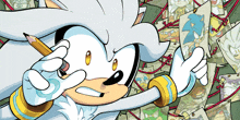 a cartoon of silver the hedgehog holding a pencil in front of his face