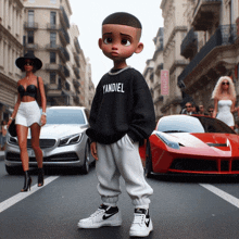 a boy wearing a yandiel sweatshirt stands in front of a woman and two cars