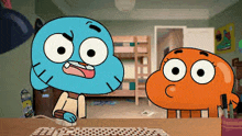 two cartoon characters , gumball and darwin , are sitting at a table with a computer keyboard .