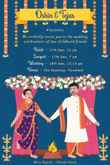 a wedding invitation for oshin and tejas shows a bride and groom dancing