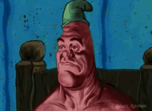 patrick star from spongebob squarepants is wearing a green elf hat on his head .