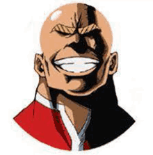 a bald man with a beard is smiling and wearing a red jacket .