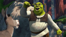 shrek is standing next to a donkey in the woods and giving a fist bump .