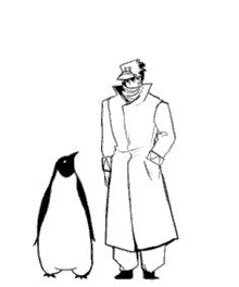 a man is standing next to a penguin in a black and white drawing .