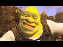 shrek from shrek is smiling and looking at the camera while wearing a vest and a white shirt .