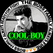 a picture of a man in a circle that says cool-boy on it