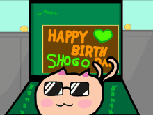 a cartoon of a cat wearing sunglasses and a sign that says happy birth shogo on it