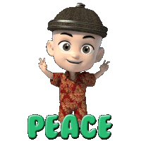 a cartoon character giving a peace sign with the word peace behind him